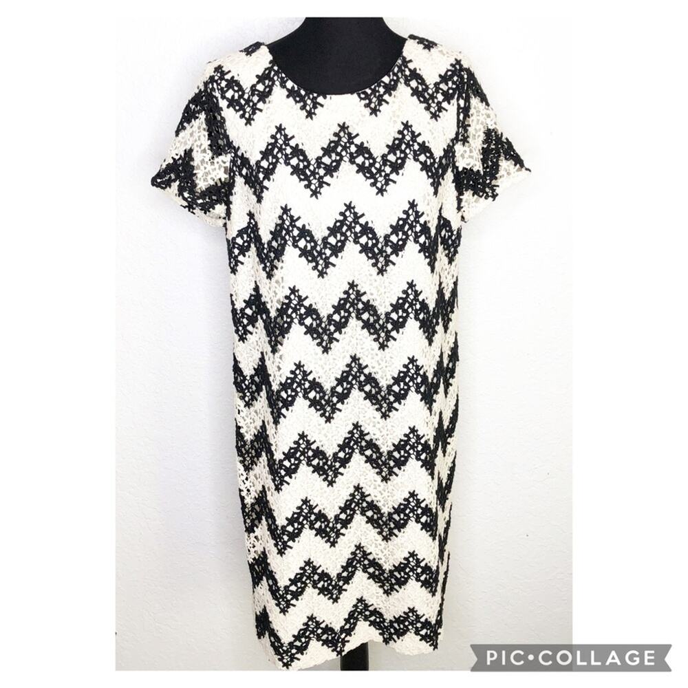 Talbots black white chevron crochet eyelet lace shift dress size 12